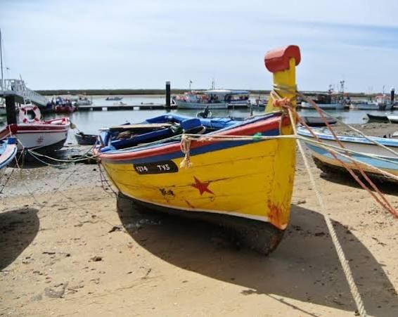 Barco tradicional amarelo na areia da Ria Formosa
